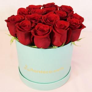 Caja aqua con 24 rosas rojas