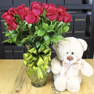 Combo Florero con 24 rosas rojas y Oso de peluche