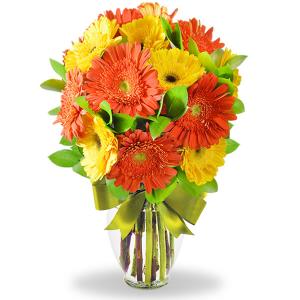 Florero con 10 gerberas combinadas en tono amarillo y naranja