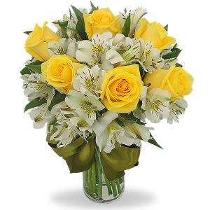 Florero con alstromerias y 6 rosas amarillas