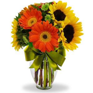 Florero con gerberas naranja y girasoles