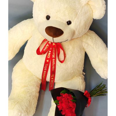 24 Rosas rojas con oso de peluche gigante y liston personalizado 3454