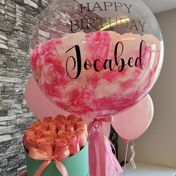 Combo caja con Rosas y Globo burbuja personalizado 3553