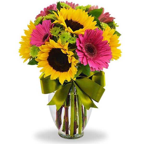 Florero con gerberas fiusha y girasoles 2366