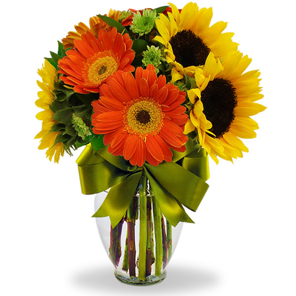 Florero con gerberas naranja y girasoles 2368