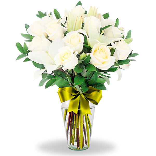 Florero con lilis blancos y 24 rosas blanca 2346